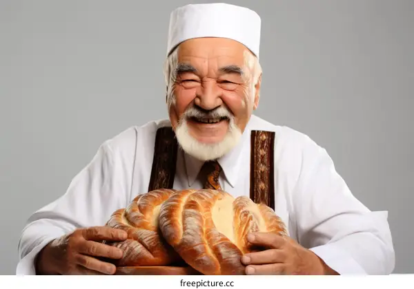 Happy baker with a tray of bread