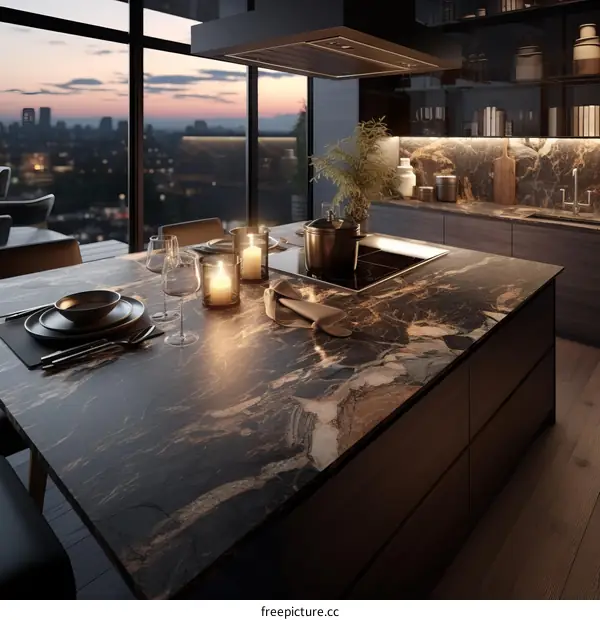 Luxury Modern Kitchen Island with City Skyline View