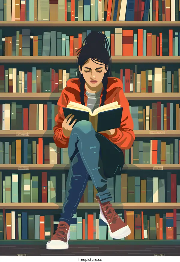 Woman Reading in a Library Filled With Books