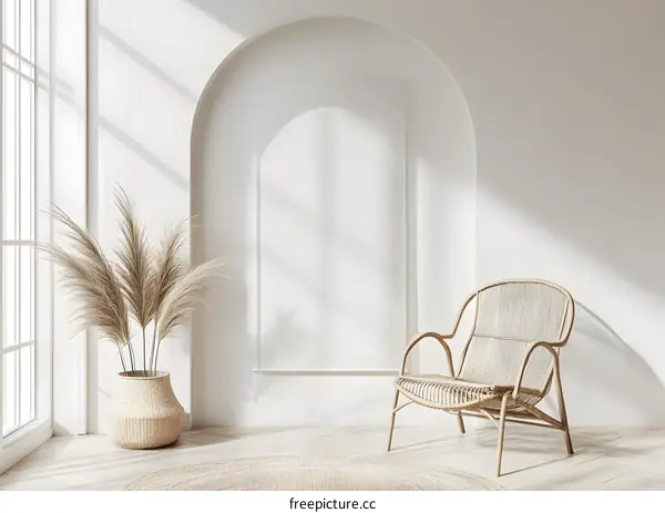 Minimalist Living Room Interior Design with Wicker Chair and Pampas Grass