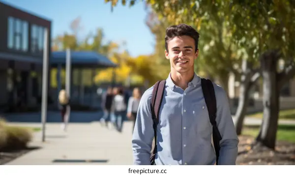 Smiling young male college student with backpack walking on campus