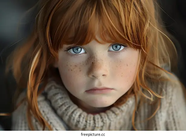 Portrait of a redheaded girl with freckles and blue eyes