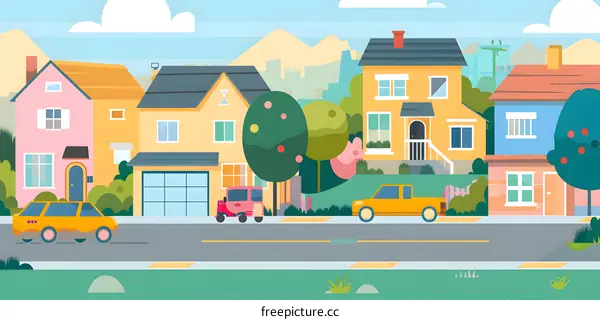 Cartoon Suburban Street With Houses And Cars