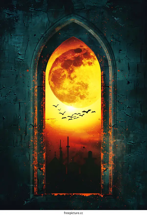 Dark Gothic Stone Archway With Blood Moon