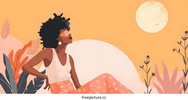 Black Woman Sitting in a Tropical Landscape with the Sun