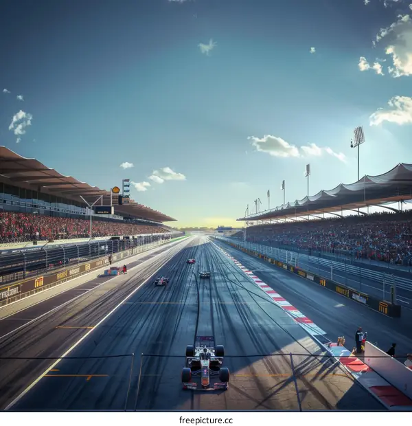 Formula One cars racing on a track with a large crowd in the stands