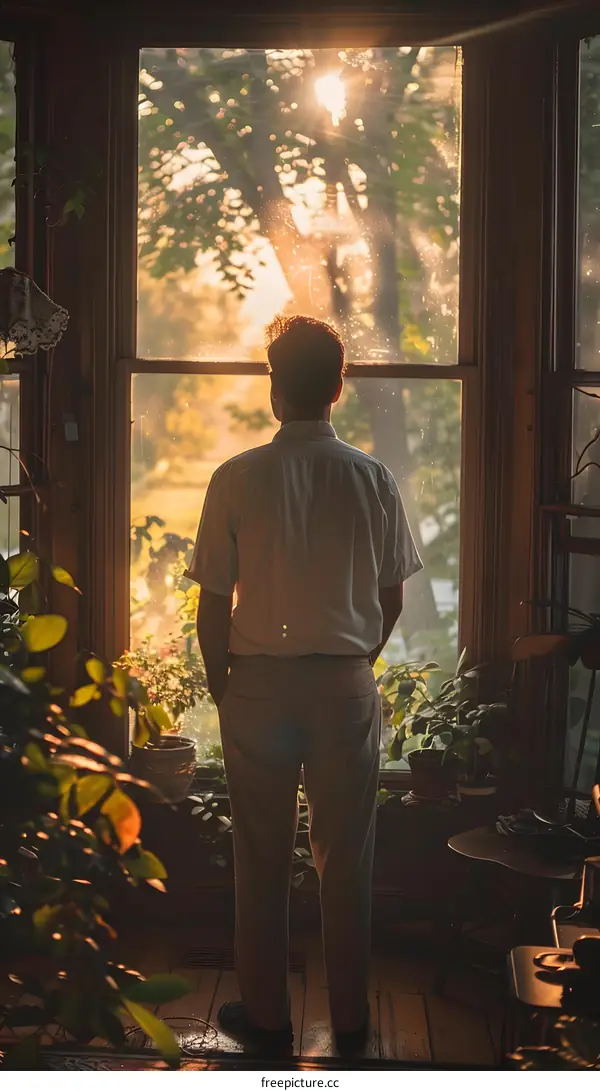 A man standing in front of a window looking out at the sun shining through the trees