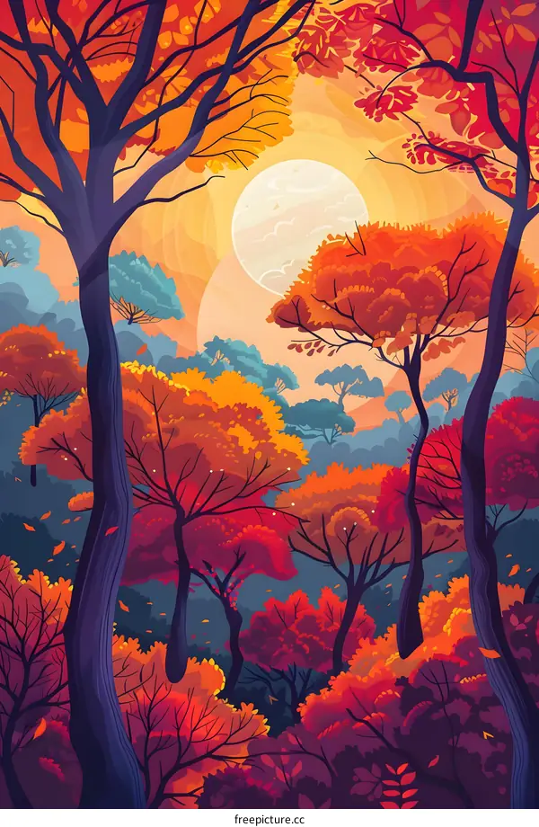 Vibrant Autumn Forest Landscape Illustration