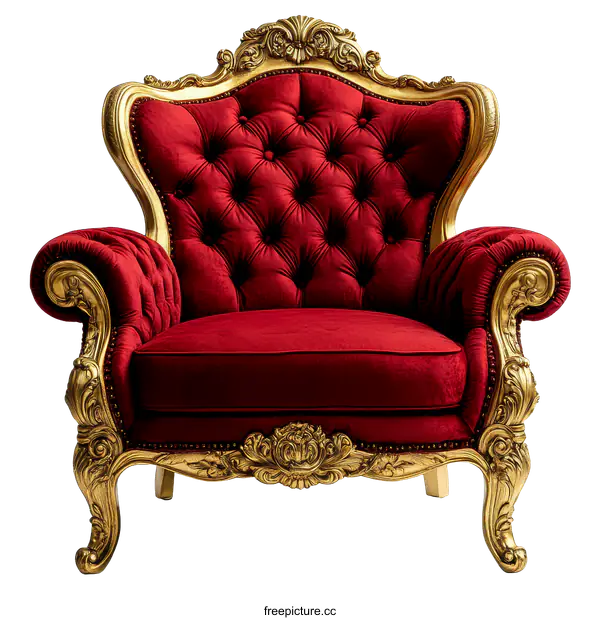 [Transparent Background PNG]Luxury Red Velvet Armchair with Ornate Gold Carving