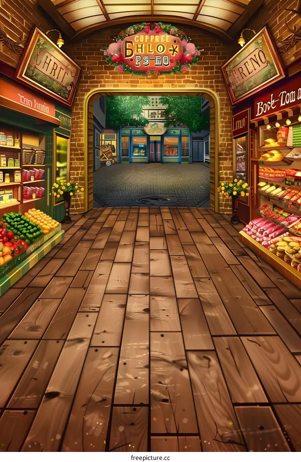 Illustration of a Street Scene with Shops on Both Sides