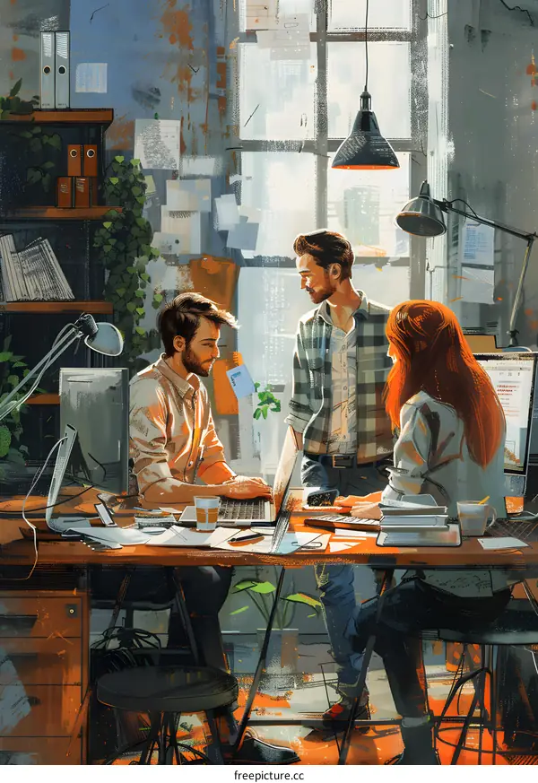 Three people working together in an office
