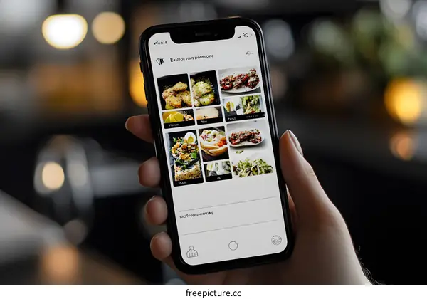 Close Up of a Hand Holding a Smartphone Showing Food Photos on a Screen