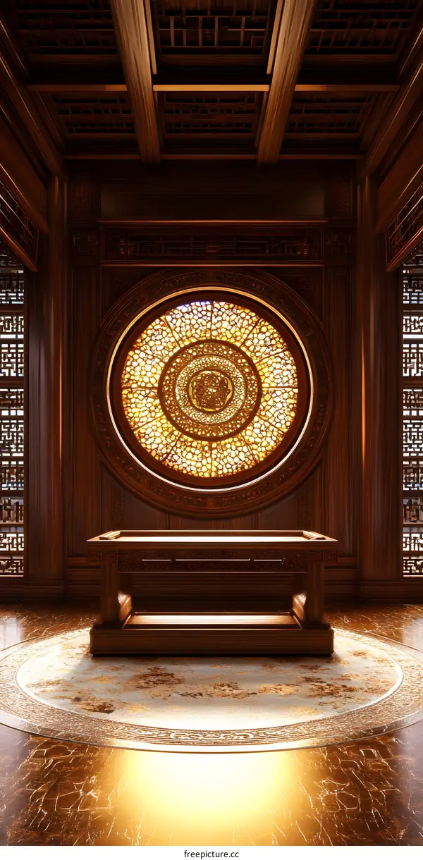 Traditional Chinese Style Interior Design with Round Window and Wooden Ceiling