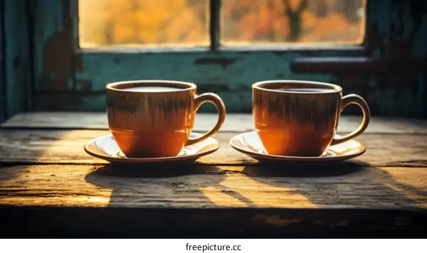 Two Cups of Tea on a Wooden Table in Front of a Window
