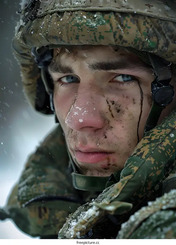 Portrait of a young soldier in the snow
