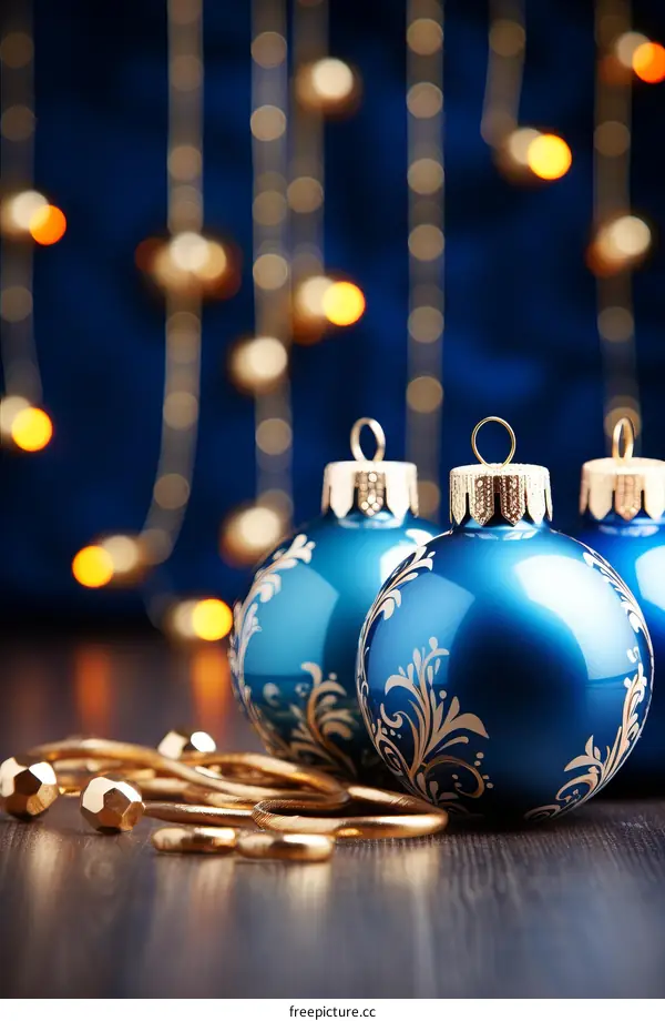 Three Blue Christmas Balls with White Ornament Decorations