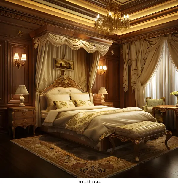 Luxury Bedroom Interior Design with Canopy Bed and Chandelier