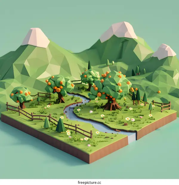 Low Poly Illustration of a Mountain Landscape with a River and Trees
