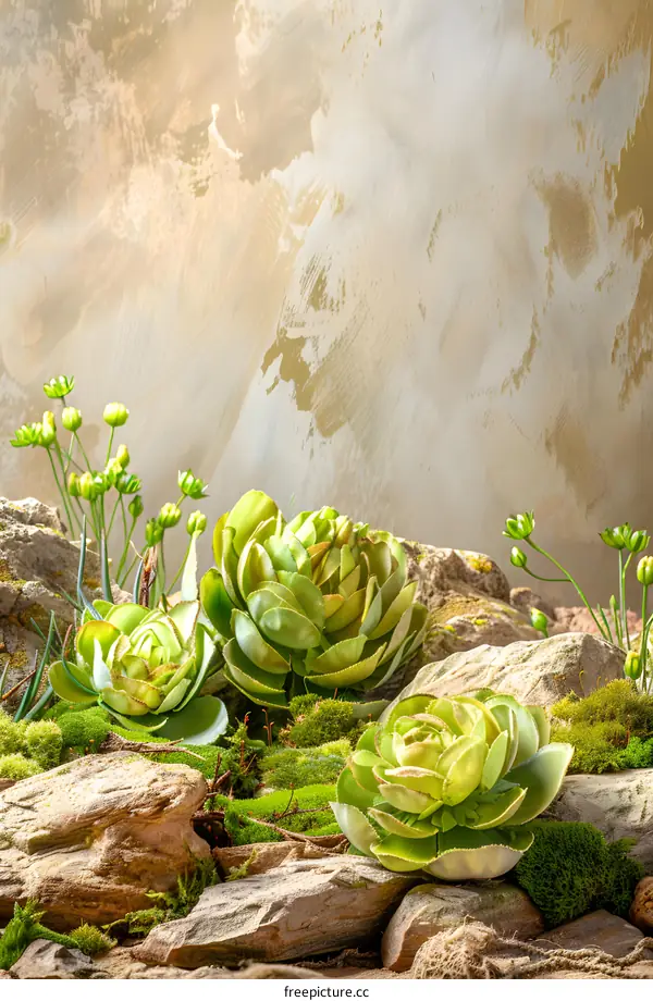 Succulent Plants on Rocks with Green Background