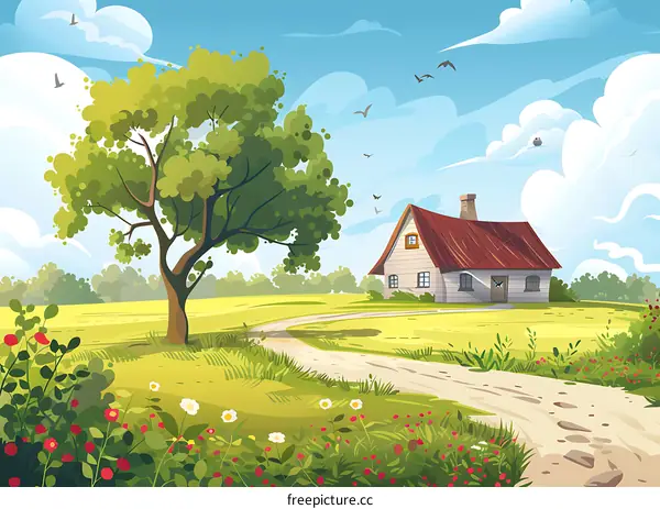 Summer Day Countryside Landscape with a House and Green Tree