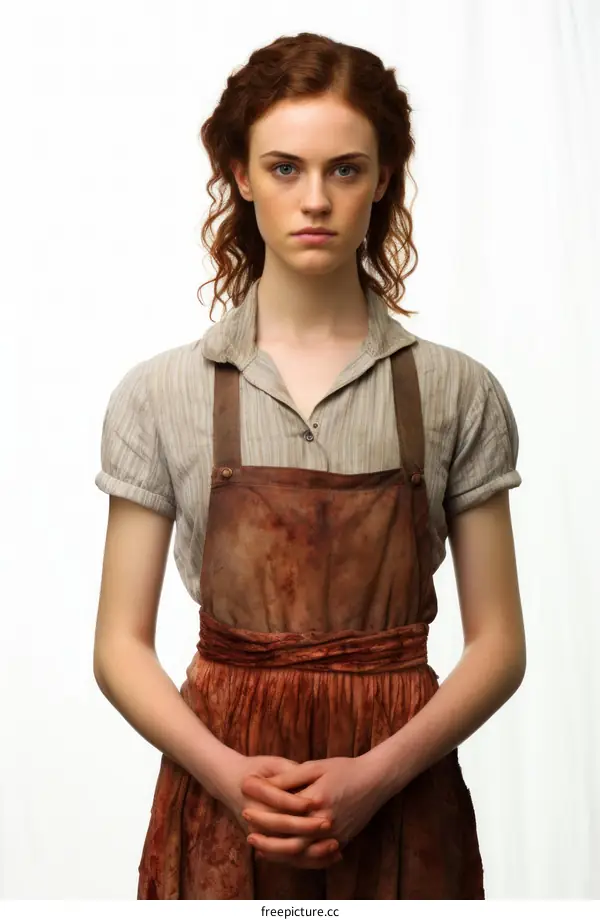 A portrait of a young woman in a brown apron