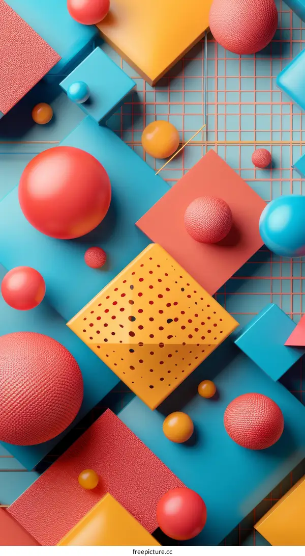 Colorful 3D shapes with grid background