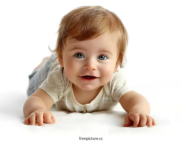 Cute Baby Boy Crawling on White Blanket
