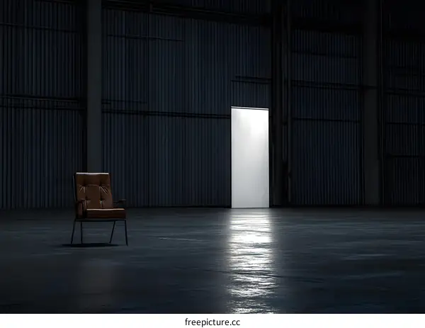Leather Chair Facing Open Door In Empty Warehouse