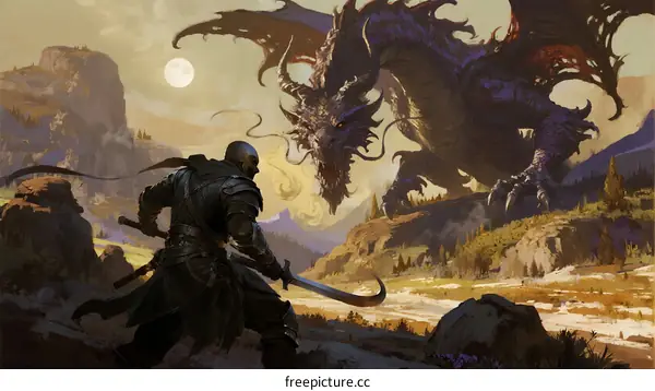 Epic Battle Between Dragon and Warrior Under Full Moon