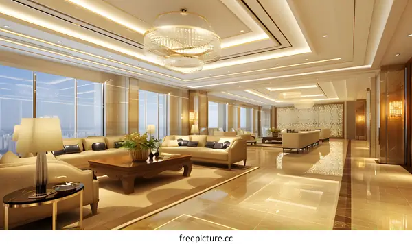 Luxury Living Room Interior Design With Chandelier And City View