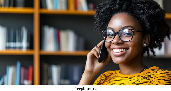 Smiling African American Woman Talking on Phone in Library