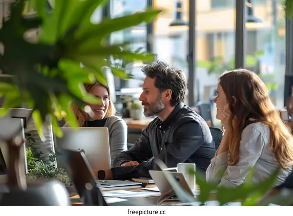 Business Meeting in Modern Office With Greenery