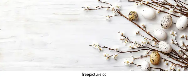 Spring Easter Eggs and Branches on White Wood