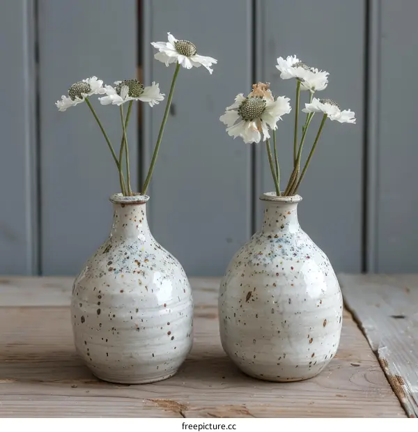 Two Small Stoneware Vases with White Flowers