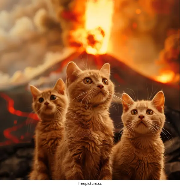 Three ginger cats looking at a volcano eruption