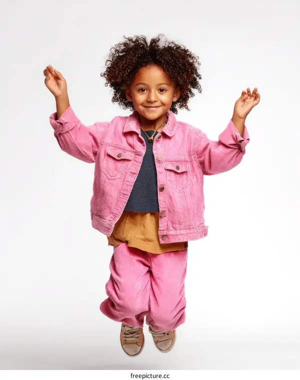 Joyful Little Girl in Pink Corduroy Outfit