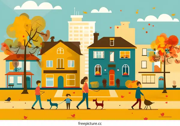 Autumn Day in the City, People Walking Dogs on a Sunny Street with Buildings and Trees
