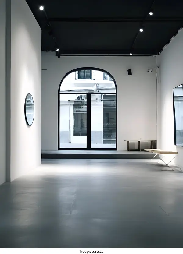 Modern Minimalist Interior Design with Arch Window and Round Mirror