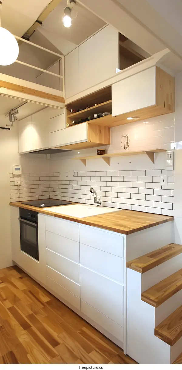 Modern White Kitchen With Wood Flooring And Open Shelving