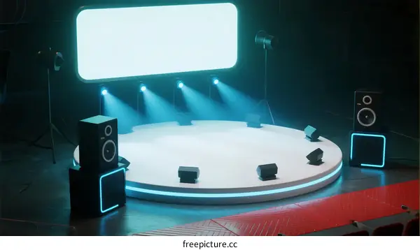 Modern Circular Stage with Bright Lights and Speakers Setup