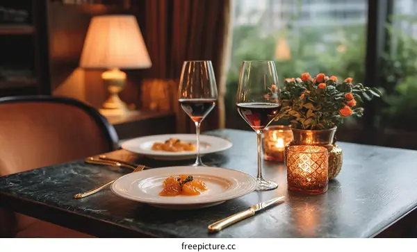 Elegant Dining Table Setting with Wine and Dessert