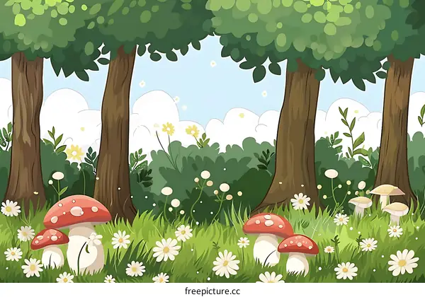 Forest Illustration With Mushrooms and Flowers