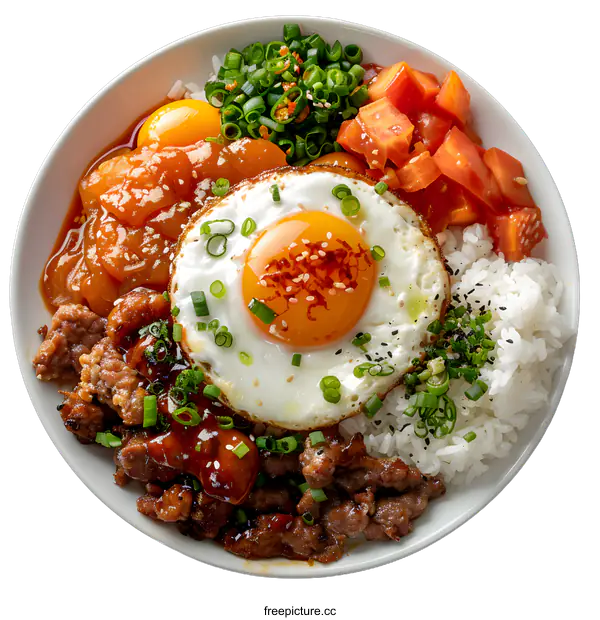 [Transparent Background PNG]Rice bowl with sunny side up egg, vegetables and beef