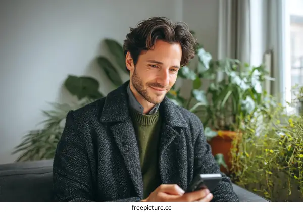 Man using smartphone in a cozy interior setting