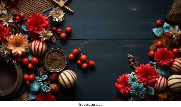Red and blue flowers and berries on a dark blue wooden background