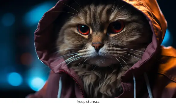 Cute Cat Wearing Red and Purple Jacket with Hood Up