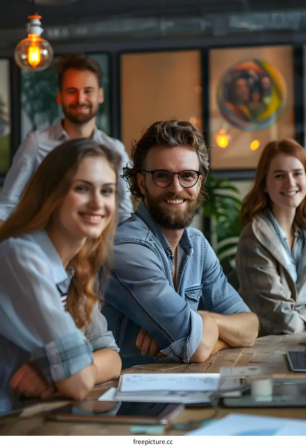 A group of people are discussing a project in the office
