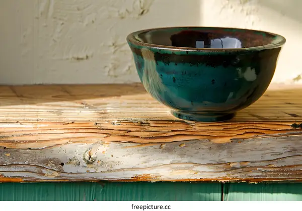 Green Ceramic Bowl on Wooden Surface