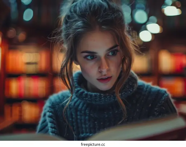 Young woman reading a book in a library