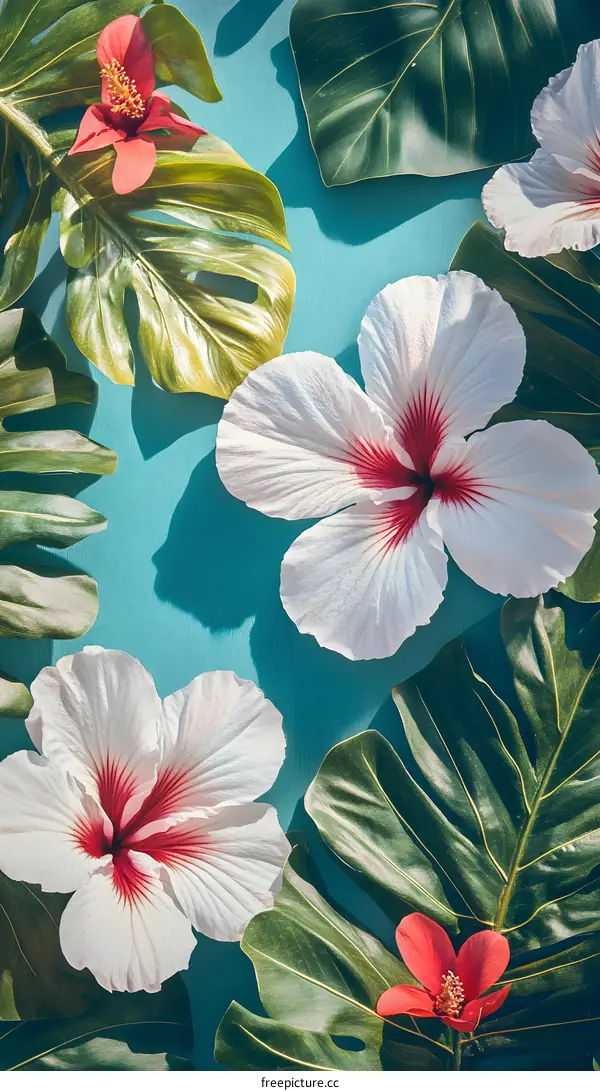 Tropical Floral Pattern With White and Red Hibiscus Flowers and Green Leaves
